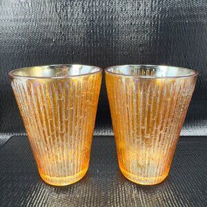 Jeanette Tree Bark Marigold Carnival Glass Tumblers Set 2 Barware Iridescent VTG